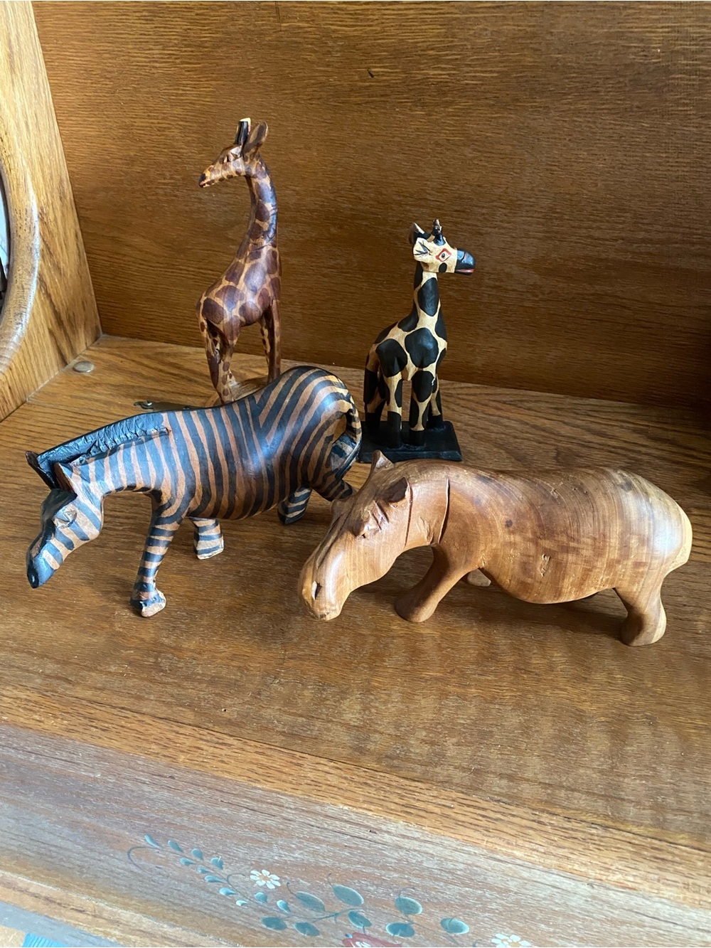 Hand-Carved Wooden Animal Figurine Lot - Zebra, Hippo & Giraffes - Brown & Black